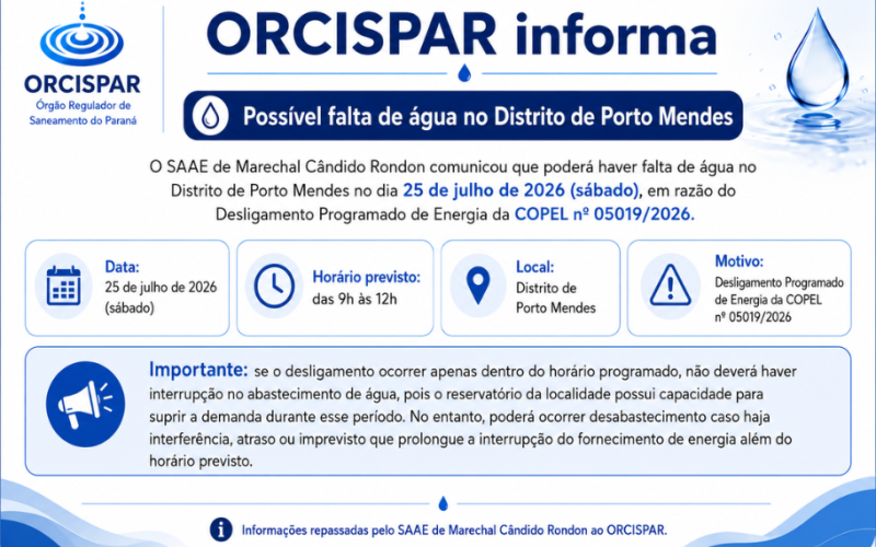Orcispar informa: possível falta de água no distrito de Porto Mendes em Marechal Cândido Rondon - PR