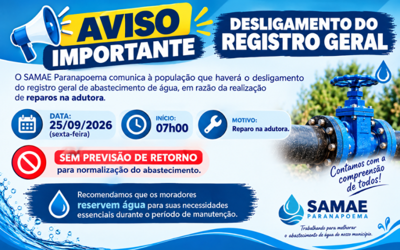 Orcispar Informa: Desligamento do Abastecimento de água de Paranapoema 