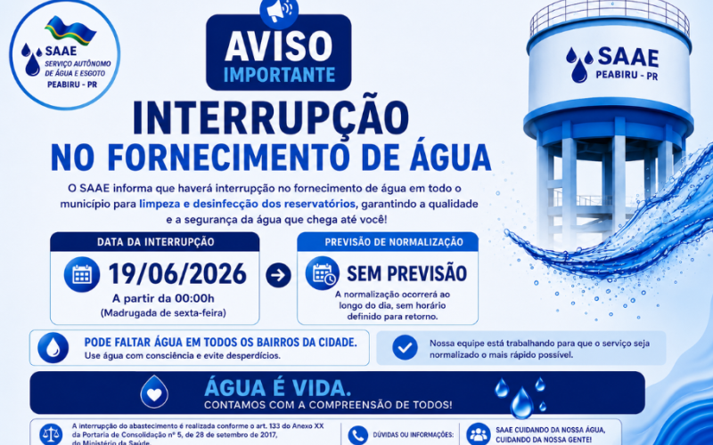 Comunicado de Interrupção Programada no Abastecimento de água de Peabiru - PR 